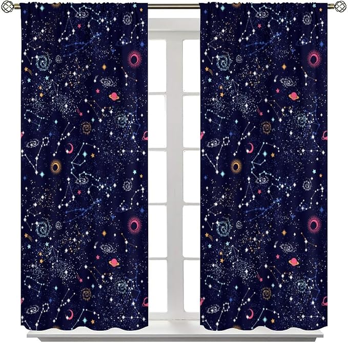 Kids Galaxy Curtains, Fantasy Stars Outer Space Universe Planets Print Window Treatments for Boys Girls Bedroom Nursery Playroom 84" W X 84" L