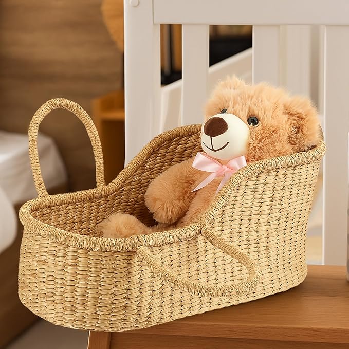 Doll Bassinet Handwoven Seagrass Moses Basket Portable Doll Carrier Natural Wicker Bassinet for Plush Bears, Shower Gift Decor, Photo Prop, Diaper Caddy