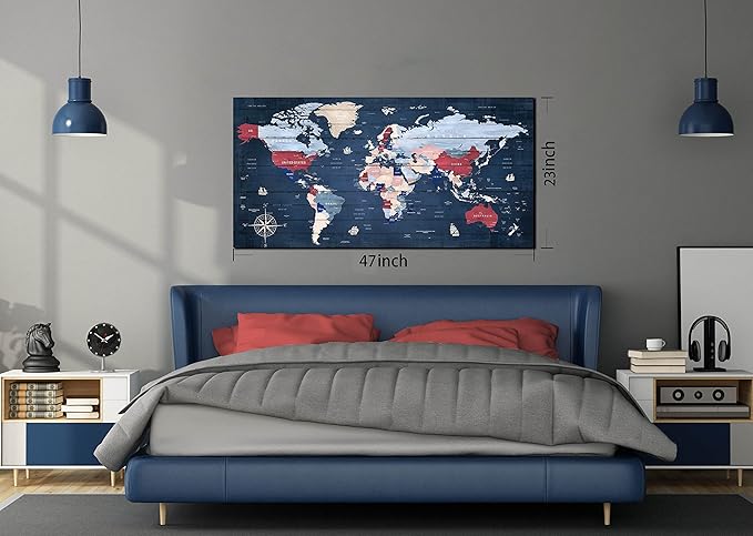 ZHAOSHOP World Map Wall-Art for Living Room - Blue Wall Decor for Teen Bedroom - Large Canvas Wall Art Stretched and Framed Ready to Hang Size 47" x 23"