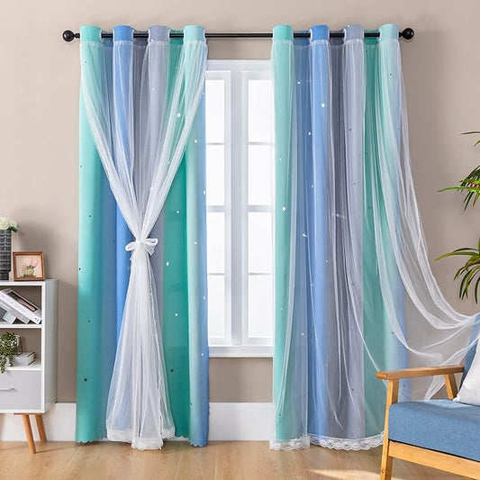 XiDi Blackout Curtains 84 Inches Long, Curtain for Kids Bedroom Decor for Girls Room, 2 Panels Set for Bedroom and Living Room,W52 x L84 inches Blue Green Grey