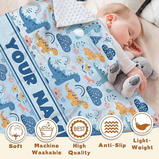 Personalized Baby Blankets for Boys Girls, Custom Baby Blanket with Name, Receiving Swaddle Blanket Suitable for Infants & Toddler, Nursery Newborn Baby Crib, Dino(60" x80)