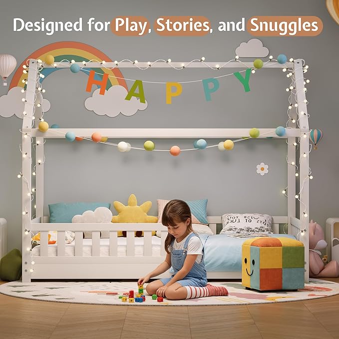 Jocisland Twin Size House Bed for Kids, Montessori Wooden Floor Bed Frame with Guardrails, Removable Rails, Playhouse Roof, Easy Assembly, Toddler Floor Bed for Boys & Girls, White