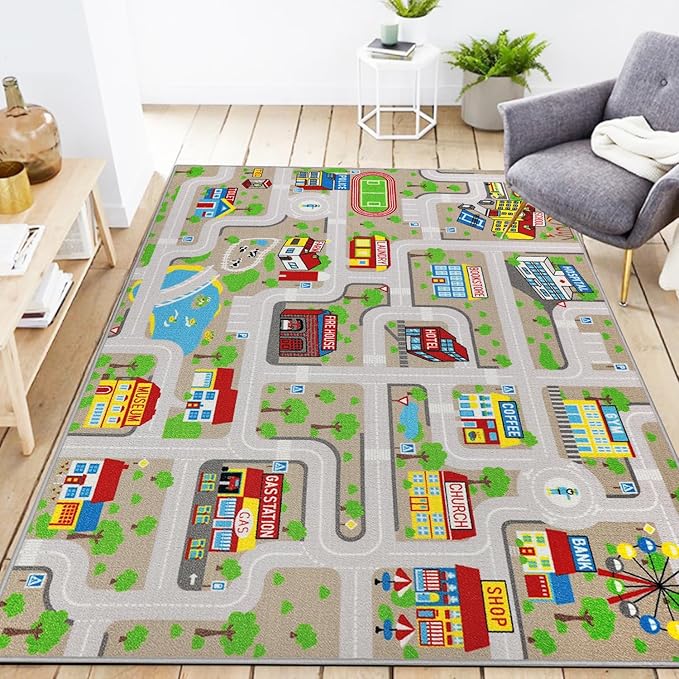 Kids Carpet Playmat Rug 5'0''x6'6'', Kids Rugs for Bedroom, Non-Slip Town City Road Map Car Rugs for Kids Toy Cars, Track Carpet Play Rug for Playroom Classroom Decor (Tan)