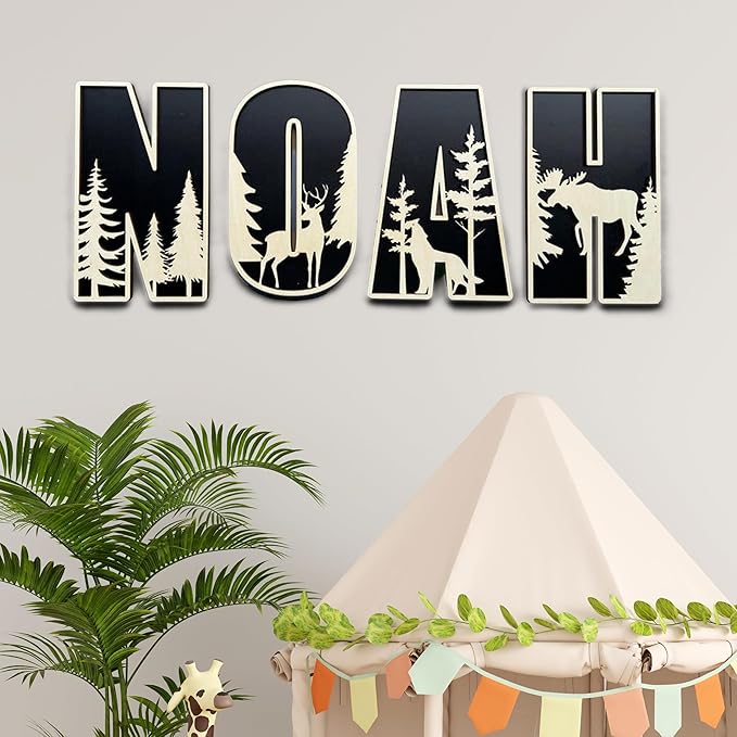 Personalized Wooden Name Sign - Custom Baby Name Signs for Nursery & Kids Room, Baby Announcement Sign, Wall Name Signs Personalized, Round Wooden Letters for Nursery Decor (Woodland 3D)