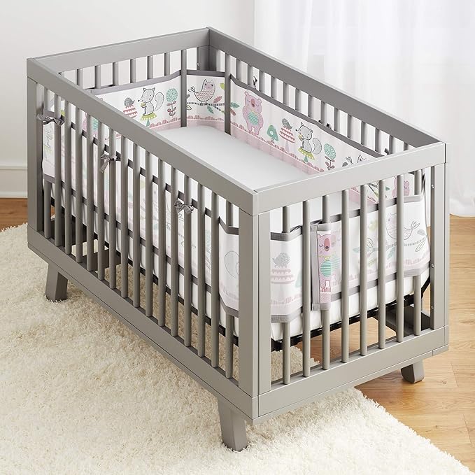 BreathableBaby Breathable Mesh Liner for Full-Size Cribs, Classic 3mm Mesh, Forest Fun Pink (Size 4FS Covers 3 or 4 Sides)