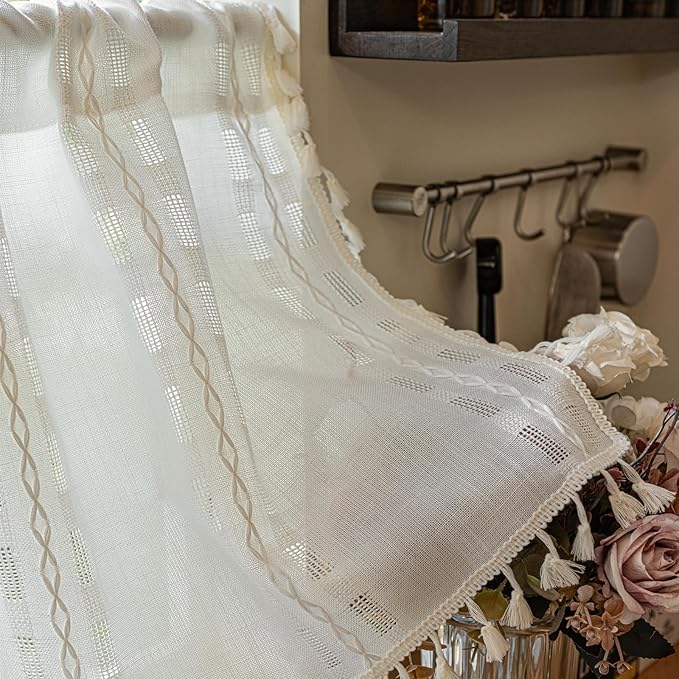 Deeprove Boho Valance Kitchen Short Curtain, Textured Striped Drape Light Filtering Tier Embroidered Chic Window Treatment for Cafe Restaurant Laundry Room, W52 x L18 inch Single 1 Panel Cream White