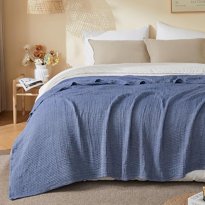 EMME Cotton Muslin Twin XL Blanket Breathable Gauze Soft Lightweight Adults Gifts for Women (Heather Navy, 66"x90")