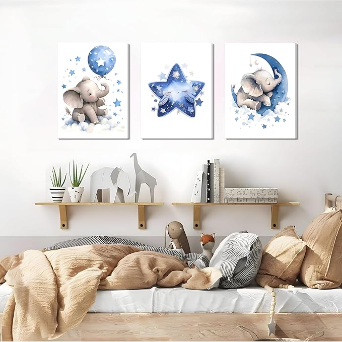 Baby Boy Nursery Canvas Wall Art Set of 3, Blue Elephant Moon and Stars Picture Wall Decor Painting, Cute Animal Baby Girl Nursery Posters Prints for Kids Room Bedroom 16x24 In Framed