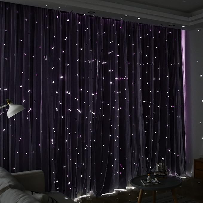 Kinryb Star Cutout Blackout 95 Inches Curtains Double Layer with Sheer Overly Curtains for Bedroom Thermal Insulated Window Treatment Set with 2 Free Tiebacks (52W x 95L 2 Panels Purple)