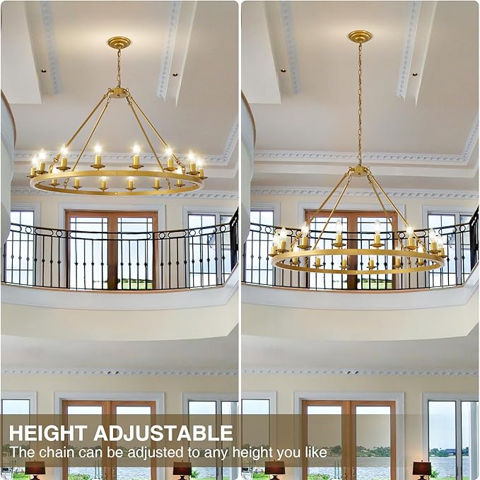 Wagon Wheel Chandelier, 16-Light Gold Round Modern Farmhouse Chandelier with Adjustable Height Hanging Island Light Fixture for High Ceiling Dining Room, Kitchen, Living Room, Entryways, Foyer