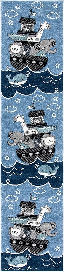 SAFAVIEH Carousel Kids Collection Runner Rug - 2' x 8', Blue & Grey, Animal Design, Non-Shedding & Easy Care, Ideal for High Traffic Areas for Boys & Girls in Playroom, Nursery, Bedroom (CRK121B)