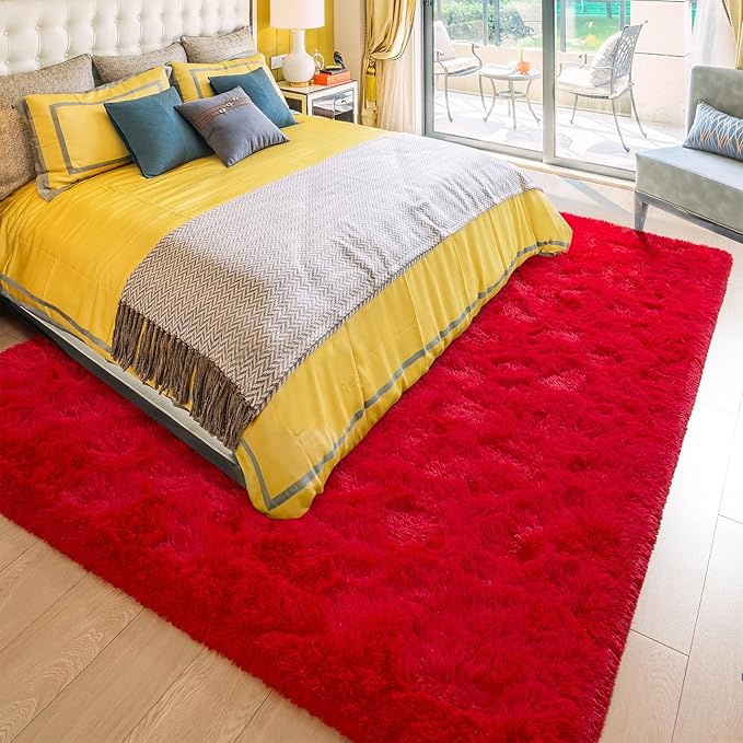 BENRON Fluffy Rugs for Living Room 6x9 Red, Washable Large Area Rugs for Bedroom Dining Table Office Kids Nursery Room, Washable Indoor Floor Carpets