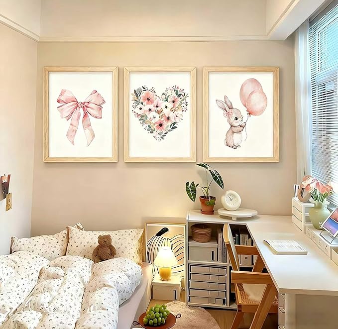 3 Pcs Nursery Bunny Wall art Love Wildflowers Painting Pictures Cute Animal Posters Prints Pink Girl Canvas Wall Decor for Girls and Boys Kids Room Baby Room Decor
