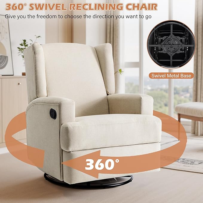 UIXE Swivel Glider Recliner Chair for Adults, Fabric High Back Accent Chair Nursery Rocker for Living Room, Upholstered Manual Reclining Sofa Seating with Deep Seat - Beach
