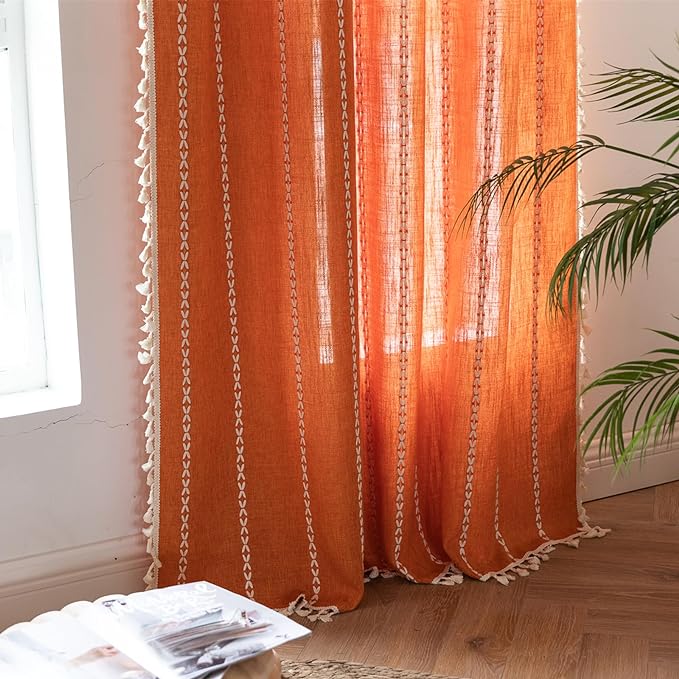 Deeprove Orange Curtains 90 inches Long, Cotton Linen Stripe Textured Light Filter Privacy Burnt Bohemian Window Treatment for Dining Bedroom Living Room Fall Halloween Decor, Rod Pocket 1 Panel