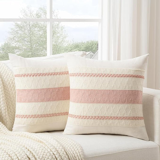 Fancy Homi Set of 2 Boho Pink Decorative Throw Pillow Cover 22x22 Inch for Couch Bed Sofa, Aesthetic Modern Organic Farmhouse Home Decor, Soft Cotton Cute Accent Macrame Woven Cushion Case