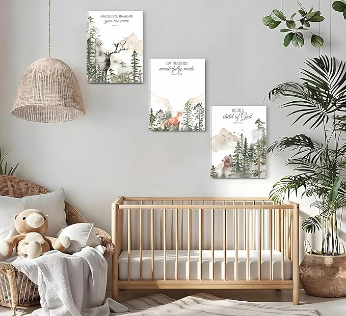 3pcs Framed Forest Animals Bible Verse Wall Art Misty Forest Deer Bear Fox Paintings Canvas Prints Poster Inspirational Quotes Pictures Wall Decor for Home Bedroom Nursery Baby Room Playroom Decor