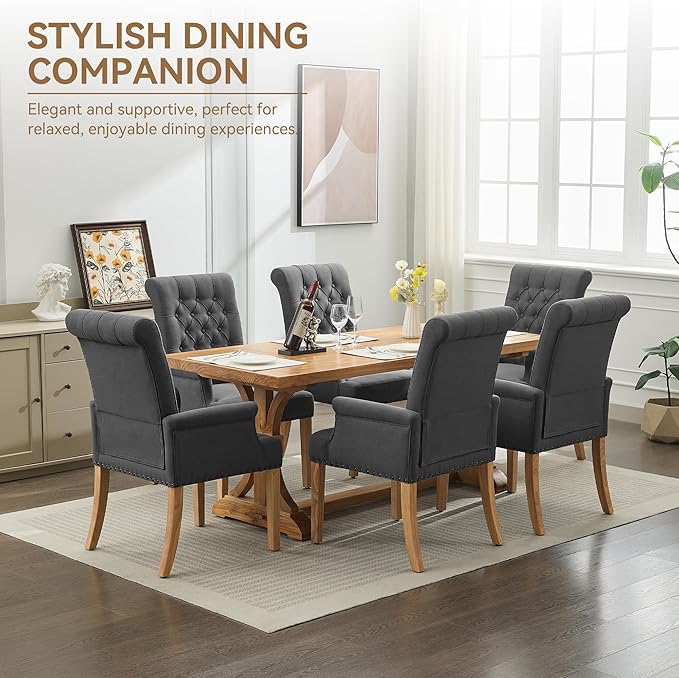 Fabric Dining Chair with Arms, Upholstered Tufted High Back Dining Room Chairs, Accent Armchair with Solid Wood Leg and Nailhead Trim, Kitchen Dining Living Room, Dark Grey