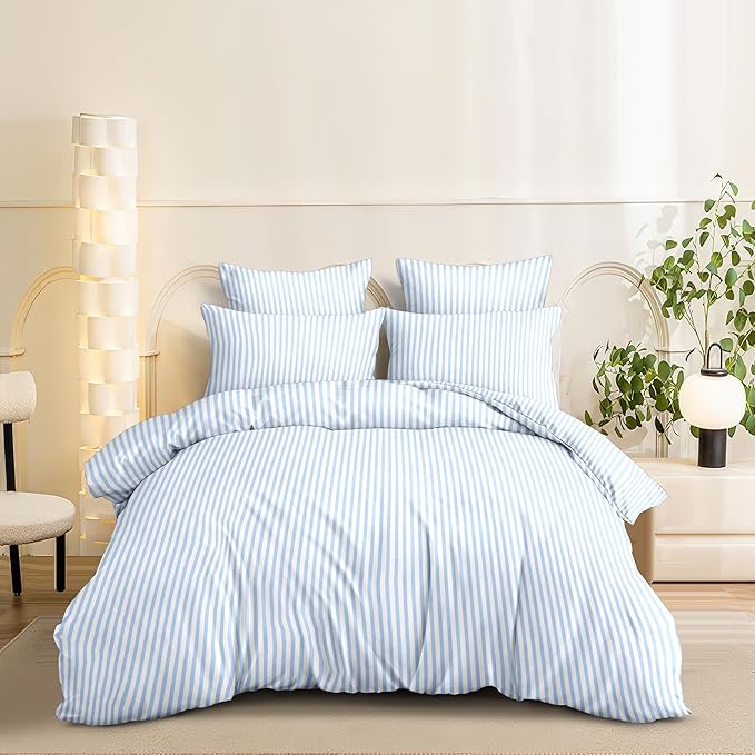 Nayoroom Blue Striped Comforter Set Queen Size White Stripe Comforter 3 Pieces Girls Soft Lightweight Pinstripe Dorm Bedding Set for All Seasons