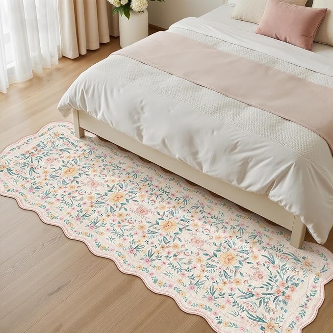 Scalloped Floral Runner Rug 2x6, Pink Washable Non-Slip Boho Hallway Rug, Soft Cute Carpet Runner for Kitchen, Bathroom, Laundry, Entryway or Bedroom