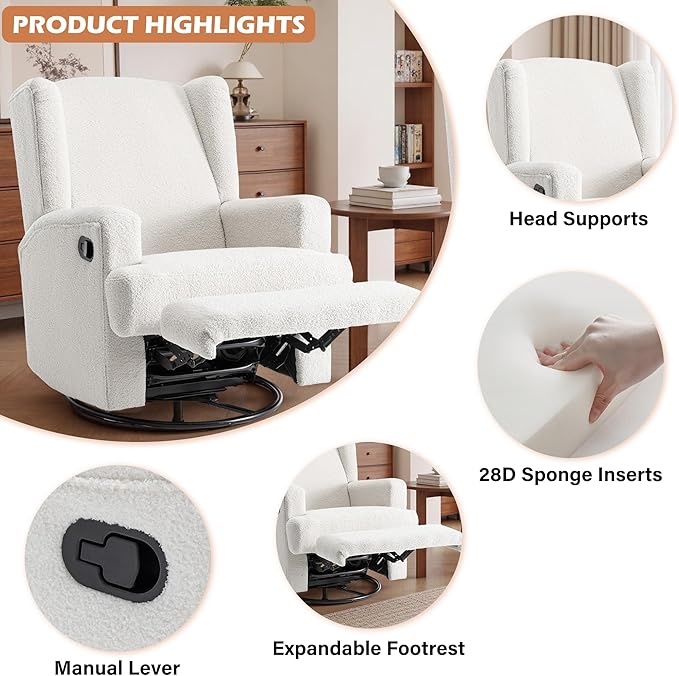 UIXE Swivel Glider Recliner Chairs Set of 2, Boucle High Back Accent Chair Nursery Rocker for Living Room, Upholstered Manual Reclining Sofa Seating with Deep Seat - Beige