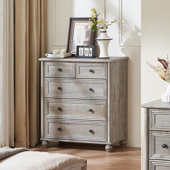 Farmhouse 5 Drawer Dresser for Bedroom, 35.5" Tall Small Dressers & Chest of Drawers, Rustic Wood Dresser with Roman Column, Storage Organizer for Living Room, Hallway, Closet (Grey)