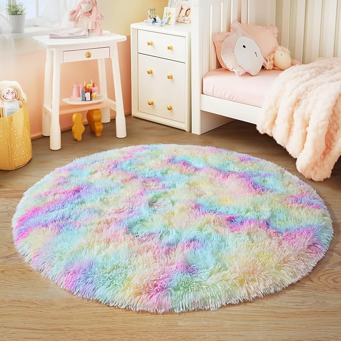 4'x4' Rainbow Round Rugs for Girls Bedroom, Ultra Soft Fluffy Circle Rug for Kids Room, Cute Shag Rugs for Living Room Playroom Tent Castle Home Decor Rug