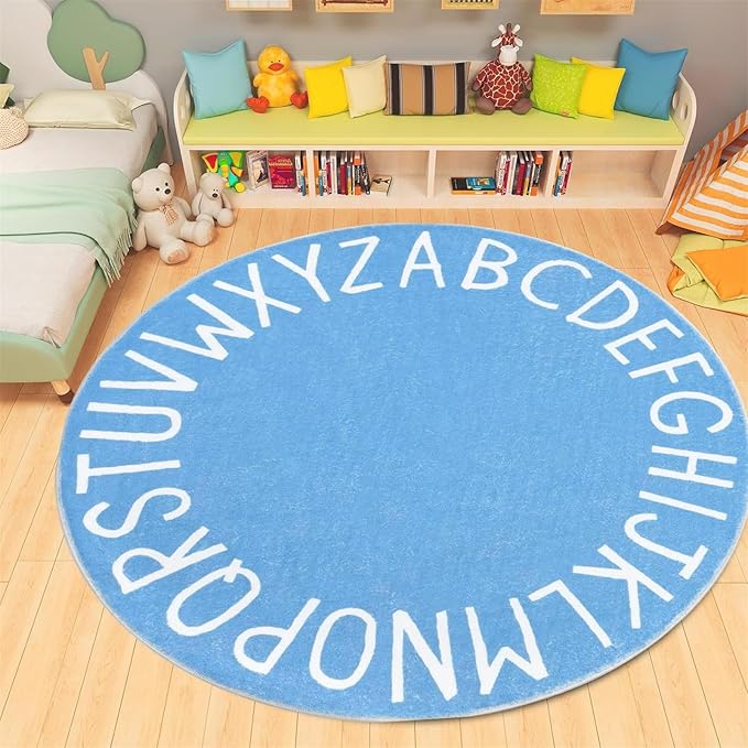 Round ABC Kids Carpet Alphabet Nursery Area Rug Extra Large Soft Crawling Play Mat Suitable for Children's Bedrooms - Non-Slip and Machine Washable-3ft Blue
