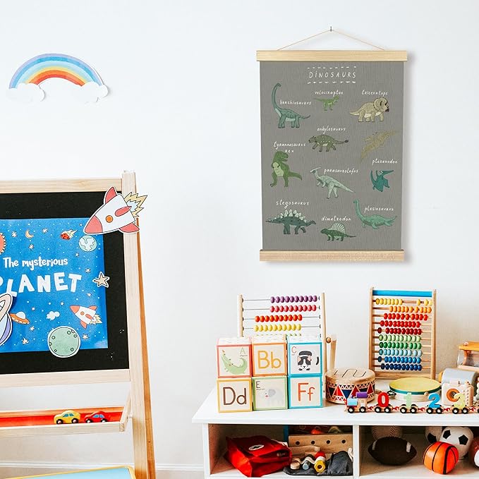 BCUANGD Dinosaur Dino Wall Decor - Gray Baby Toddler Boys Room Wall Art Poster Hanger with Wood Frames, Inspirational Wall Hanging Canvas Decor for Kids Room Nursery Bedroom, 12x16 Inches