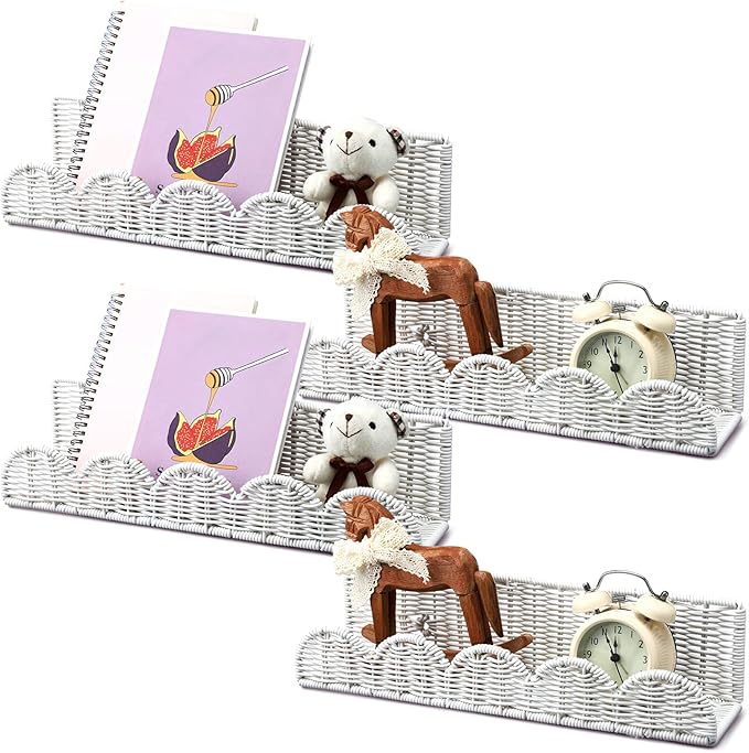 Pinkunn 4 Pcs Nursery Book Shelves 15.8 Inch Rattan Scalloped Floating Bookshelves Wicker Boho Book Shelf for Wall Mounted Decor Nursery Rooms Hanging(Cute)
