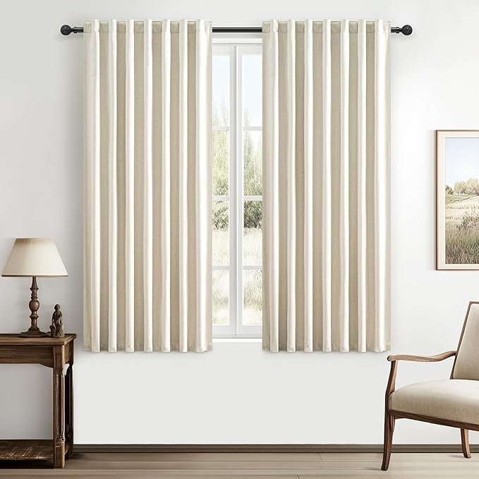 Warm Cream Thick Linen Black Out Curtains 45 Inch Long for Living Room 2 Panels Set, Short Farmhouse Pleated Room Darkening Window Drapes Insulated Privacy for Kids Bedroom 50" W x 45" L