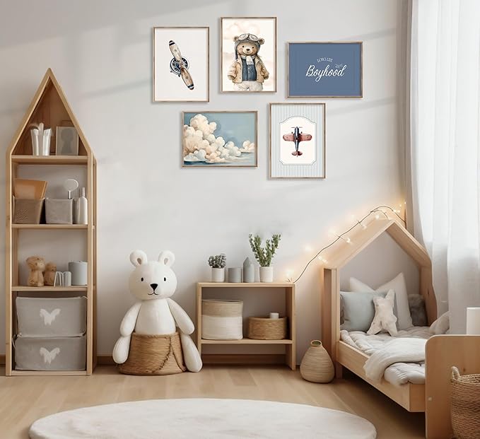 Vintage Baby Boy Nursery Wall Art Retro Airplane Travel Kids Room Canvas Wall Decor Teddy Bear Pictures Navy Blue Aviation Posters Cloudy Sky Painting Print Artwork for Boy Room Playroom, Unframed