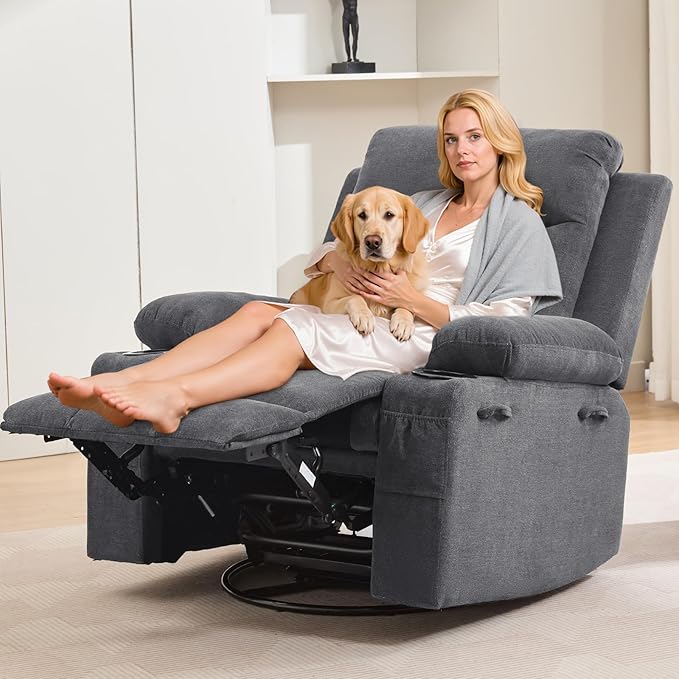 Recliner Chair Nursery, Oversized Manual Reclining Rocking Chair, 360 Swivel Glider with Cup Holder, Massage and Heat Recliner, Indoor Small Single Sofa Chairs for Adults, RV, Bedroom, Linen Gray