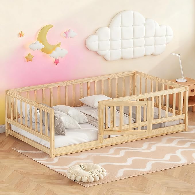 Twin Size Montessori Floor Bed with Rails & Door - 77" x 41.5"x 21.5" Wooden Low Profile Toddler Bed Frame, Natural Oak Finish