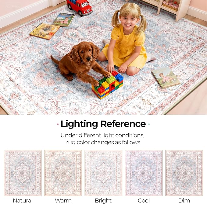 Machine Washable Rugs Nursery Rug 8x10 Cute Girl Non Slip Low Pile Water Repellent Soft Print Pattern for Bedroom Indoor Decor Kids Playroom Pinkblue