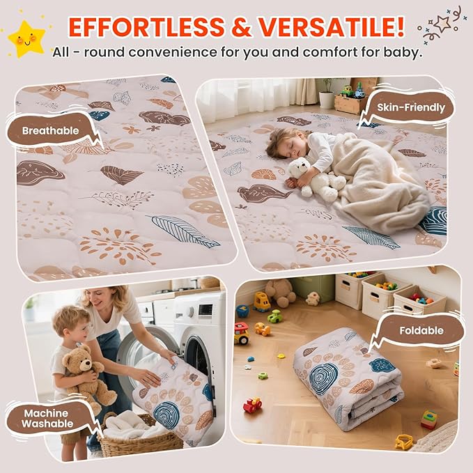Baby Play Mat for Floor,71x59 Inch Soft Padding Crawling Mat for Playpen, Foldable and Machine Washable, Thick for Babies & Toddlers,Boho Flower