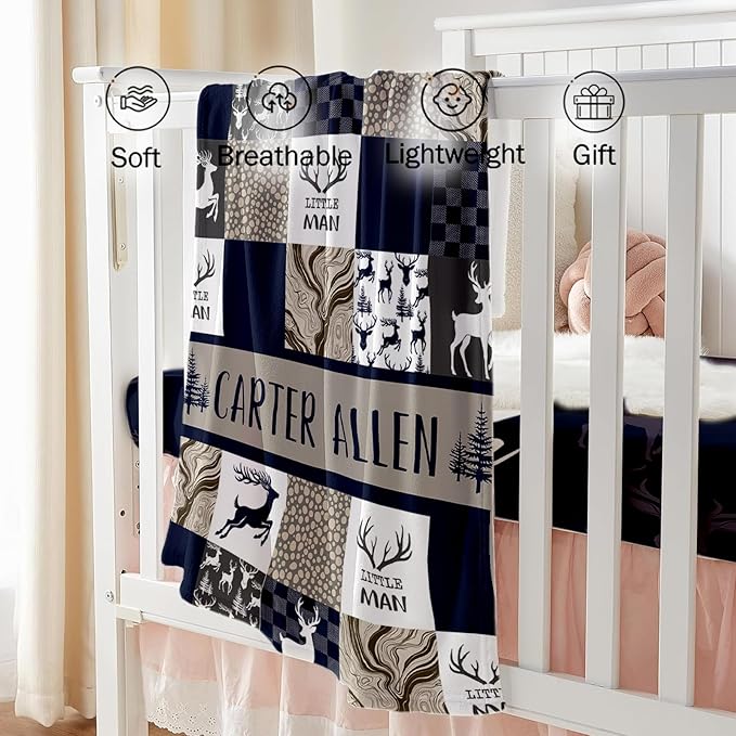 Custom Baby Crib Bedding Set - Navy Deer Design Personalized Name Baby Nursery Bedding 3 Pcs Set - Chic Soft Blanket, Fitted Sheet, Room Rug for Newborns Boys Girls Gifts