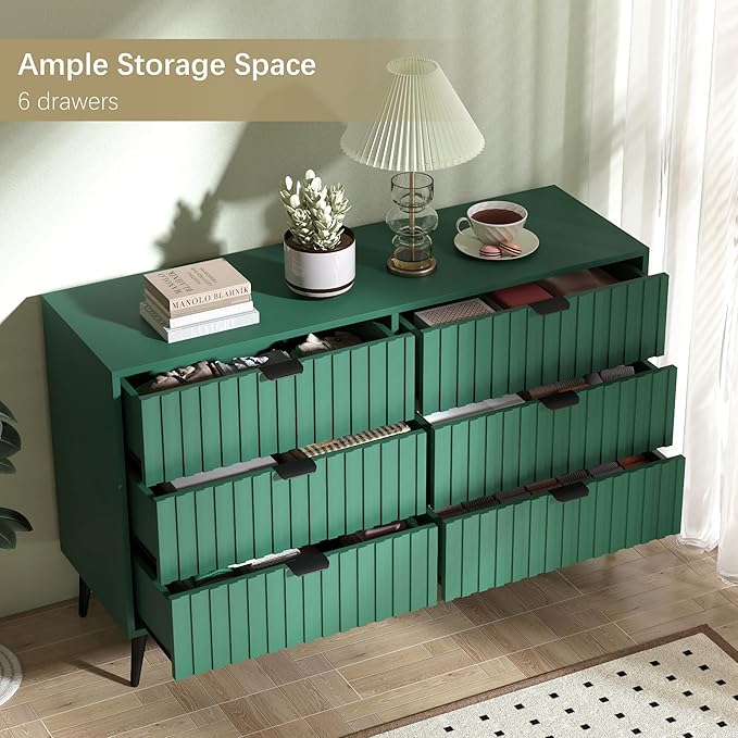 Fluted Dresser for Bedroom with 6 Drawers, 47'' Wide Modern Dresser with Metal Handle, Wood Dressers Organizer with Blister Drawers for Bedroom, Green