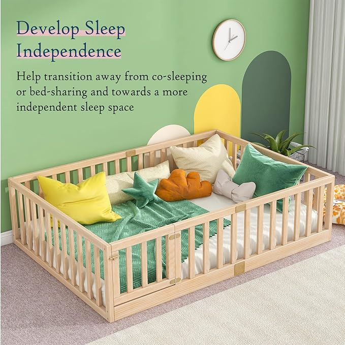 Tatub Full Montessori Floor Bed with High Rails, Solid Wood Montessori Bed Frame for Kids, Door Can Install Left and Right, Full-Nature