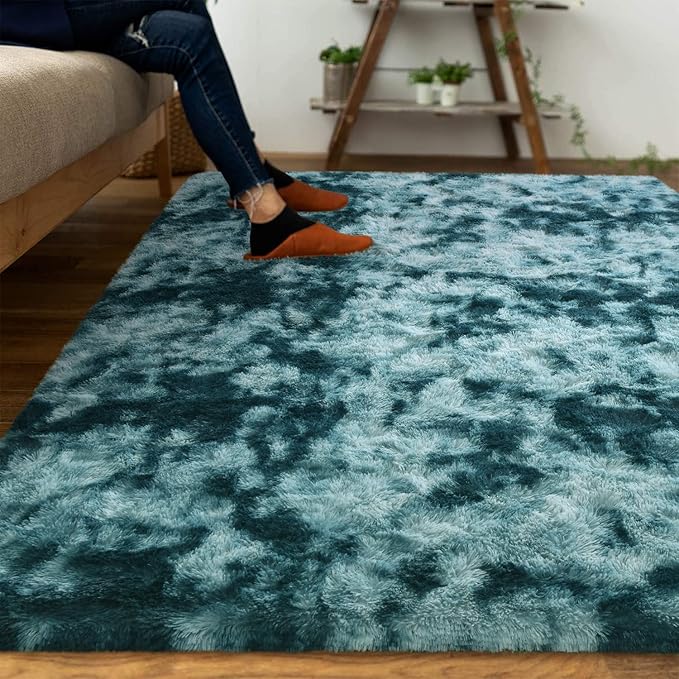 DweIke Fluffy Peacock Blue Rugs for Bedroom Living Room, 4x6 Feet Soft Plush Shaggy Tie-Dyed Teal Blue Girls Boys Kids Rug, Upgraded Non-Slip and Machine Washable Carpet for Dorm Nursery Decor