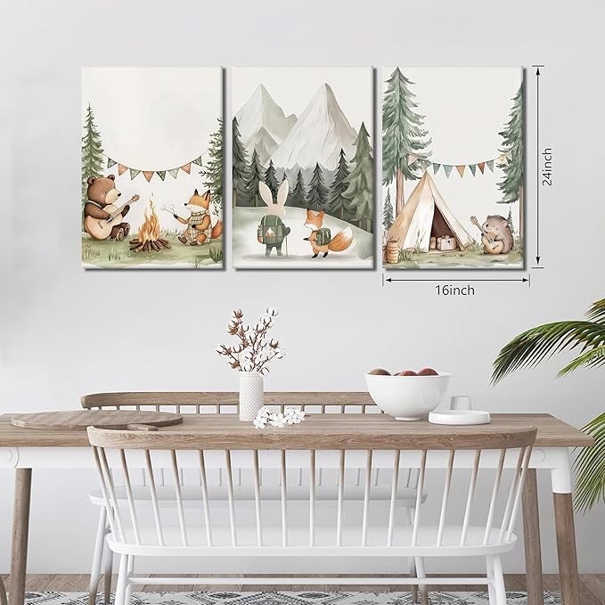 AKWISH Nursery Woodland Animals Canvas Wall Art, Cute brave Bear Fox Rabbit Hedgehog Nursery Wall Decor, Framed Wildlife Camping Picture Prints for Kids Room Baby Bedroom – 16x24in