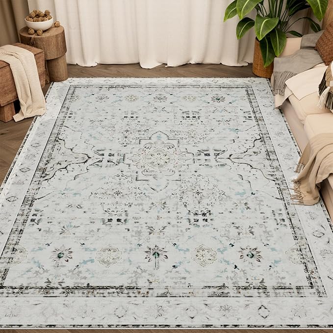 AMTOVO Area Rugs 5'x7' Washable Non-Slip, Vintage Boho Distressed Print Pattern Rugs for Living Room, Soft Low Pile Carpet for Bedroom Indoor Playroom Nursery Farmhouse Dining Room, Light Grey