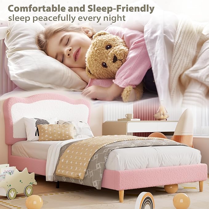 GarveeHome Full Bed Frames for Kids with Soft headboard, Velvet Low Bed Frame for Girls, Boys, No Box Spring Needed, Wooden Slats, Noise Free, Sturdy, Easy Assembly, Pink, White