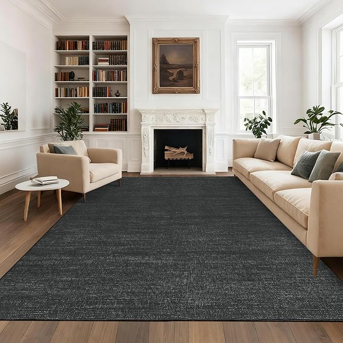 Modern Solid Color Area Rug 10x13 Large Living Room Area Rug Washable Abstract Bedroom Rugs Non Slip Boho Dining Room Throw Carpet Soft Stain Resistant Minimalist Rugs for Nursery Home Office, Black