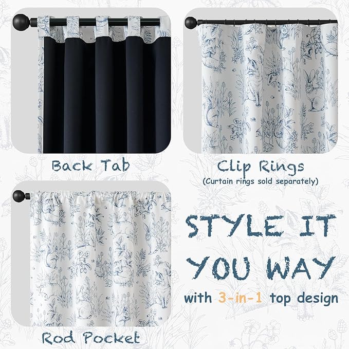jinchan Blackout Nursery Curtains 84 Inches Long, Bunny Woodland Toile Curtains Blue on Beige Animal Printed Drapes for Bedroom Rod Pocket Thermal Insulated Farmhouse Window Treatment 2 Panels