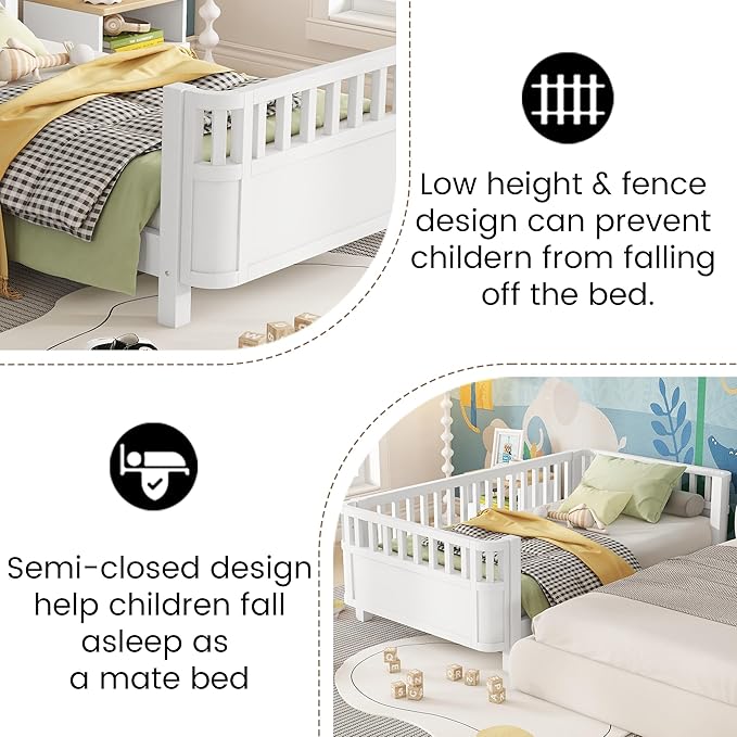 Twin Size Montessori Bed with Guardrails, Wood Kids Bed Frame with Slats Support, Low to Ground Modern Baby Bed with Removable Side Rails for Boys Girls Bedroom Living Room, White