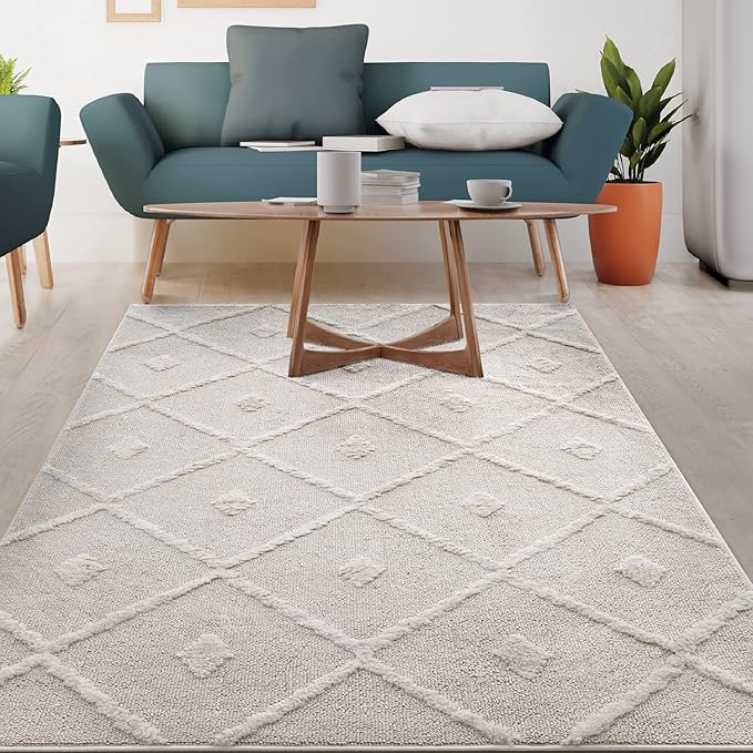 Antep Rugs Palafito 8x10 Geometric Shag Diamond High-Low Pile Textured Indoor Area Rug (Beige, 7'10" x 10')