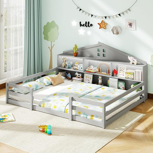Giantex Full Size Montessori Floor Bed with LED Lights, 2-in-1 Wooden House Bed Frame with Safety Guardrails, Storage Compartments & Shelf, No Box Spring Needed, Without Slats, Gray