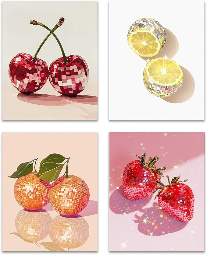 OFJE Funky Trendy Disco Fruit Cherries Lemon Orange Strawberries Wall Art Decor Prints Set of 4, Preppy Aesthetic Fruit Poster Print for Living Room Girls Bedroom Kitchen Decor, 8x10 Unframed