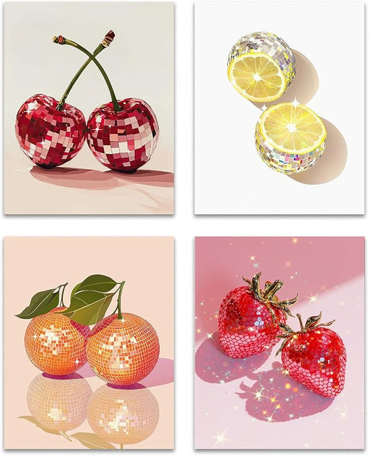 OFJE Funky Trendy Disco Fruit Cherries Lemon Orange Strawberries Wall Art Decor Prints Set of 4, Preppy Aesthetic Fruit Poster Print for Living Room Girls Bedroom Kitchen Decor, 8x10 Unframed